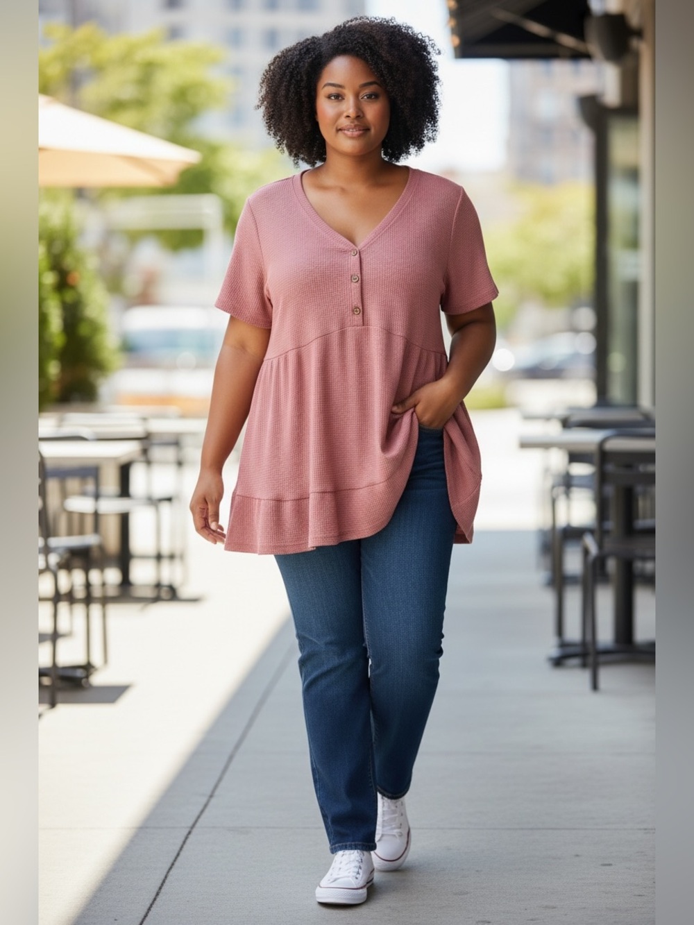 BloomChic Dusty Rose V-Neck Button Peplum Tunic